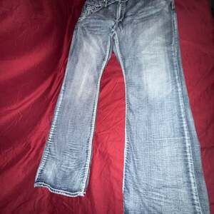 Rock Revival Game Bootcut Jeans Men’s 40x34 Blue Thick Stitch Buckle